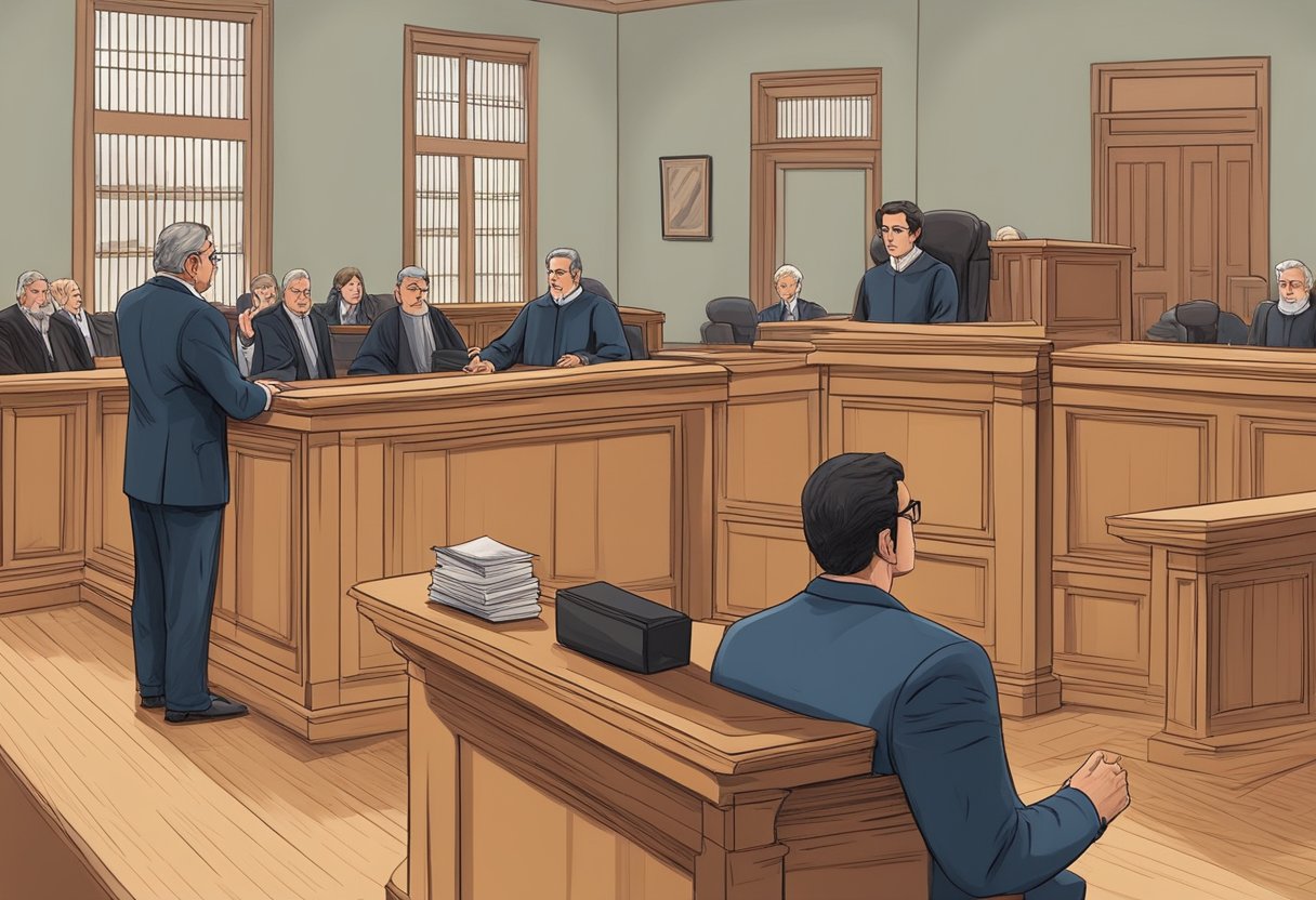 The scene depicts a courtroom with a judge presiding over a trial. The defendant stands before the judge, while the prosecutor and defense attorney present their arguments. The atmosphere is tense as the fate of the defendant hangs in the balance